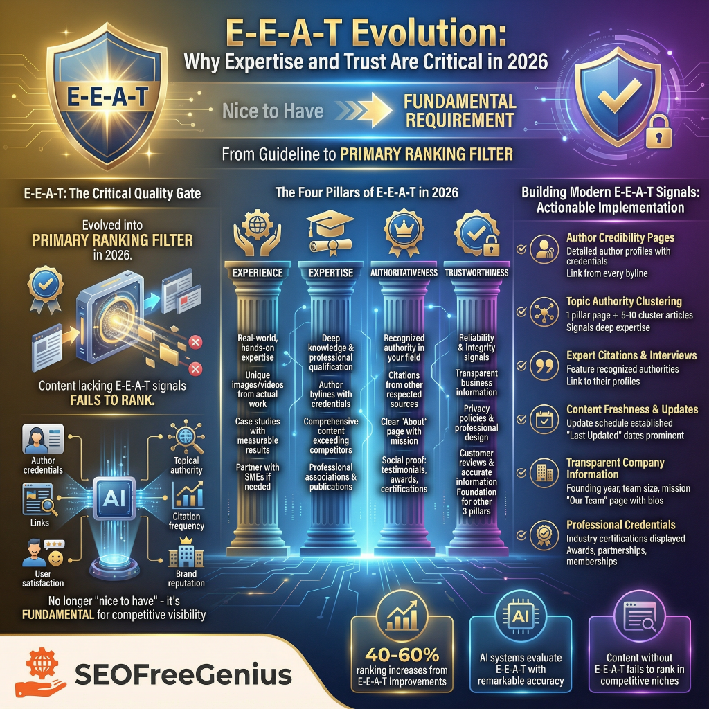 Infographic titled "2. E-E-A-T Evolution: Why Expertise and Trust Are Critical in 2026" by SEO Free Genius explains E-E-A-T (Experience, Expertise, Authoritativeness, Trustworthiness) as the critical quality gate and primary ranking filter from guidelines. It features four pillars for building modern E-E-A-T signals: expertise (author credentials, case studies), experience (first-hand content, transparency), authoritativeness (topic cluster linking, expert citations), trustworthiness (content freshness updates, transparent company info), with AI failing E-E-A-T signals at 40-60%, content lacking reliability accuracy, and competitive edges in blue and gold design.
