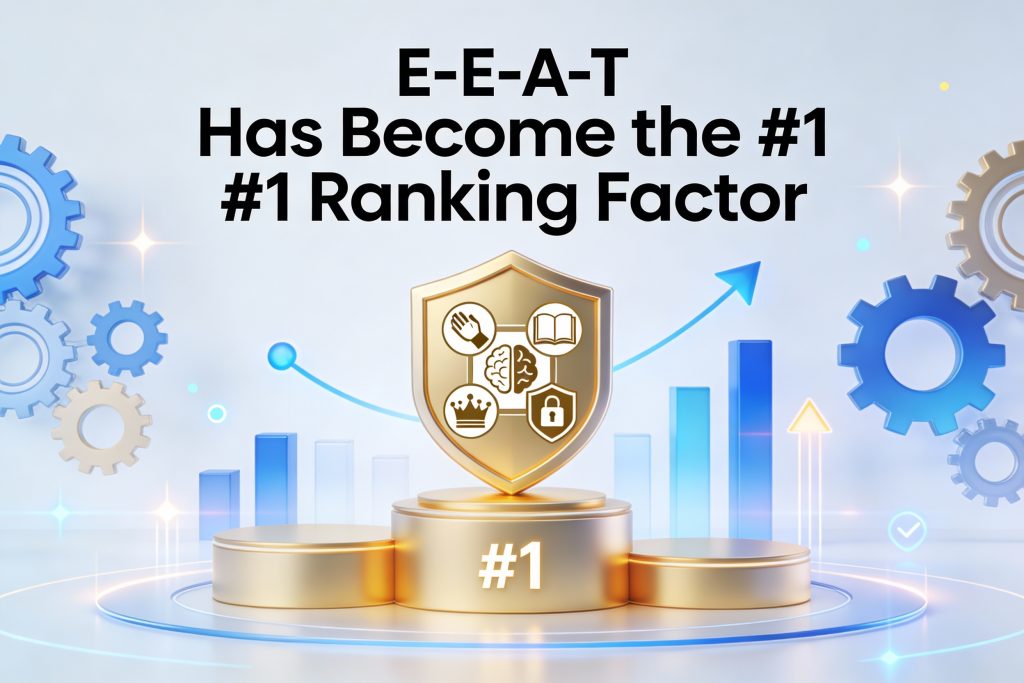"Golden podium illustration showing E-E-A-T as #1 SEO ranking factor with Experience, Expertise, Authority, Trust icons and Google algorithm gears for 2026"