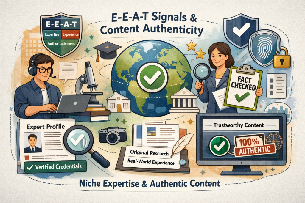 E-E-A-T signals and content authenticity infographic for SEO Priorities 2025 13% niche expertise showing expert profiles, verified credentials, globe, original research, trustworthy content icons