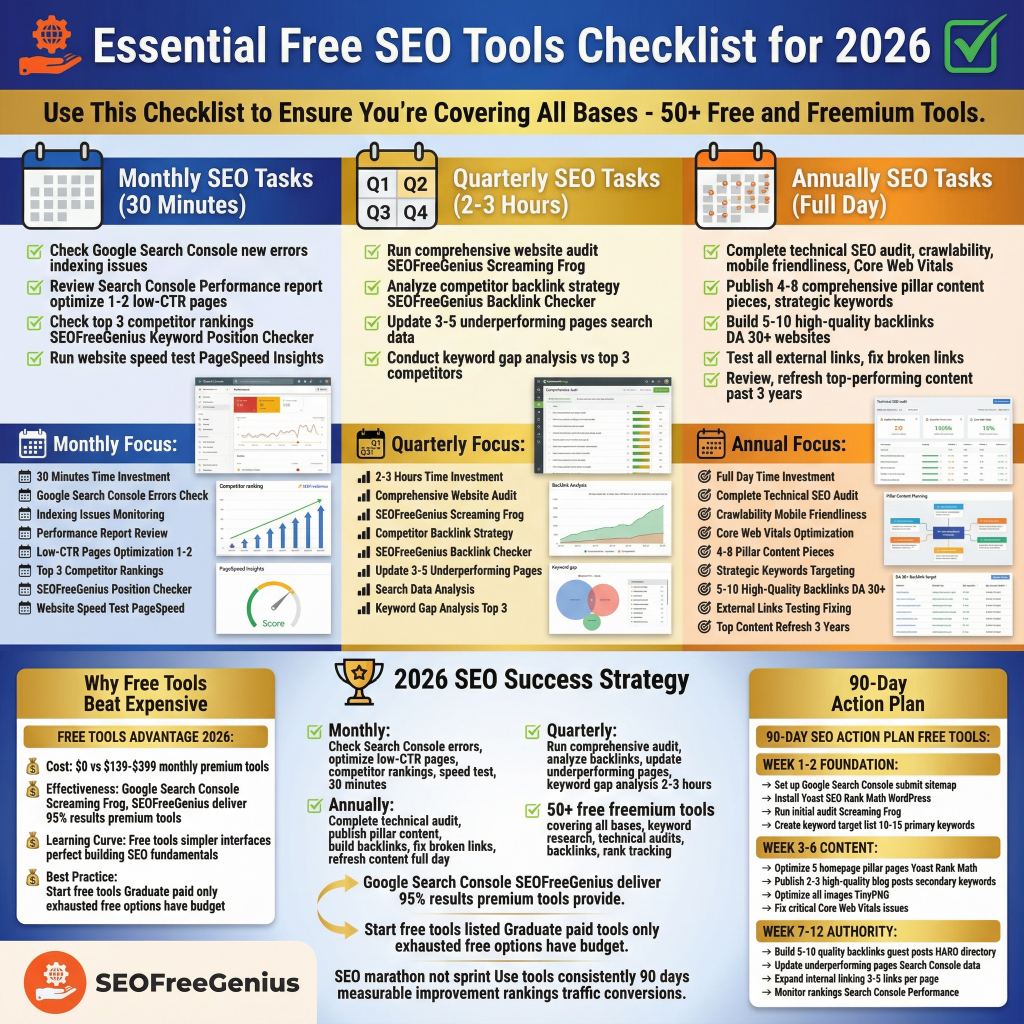 An infographic titled "Essential Free SEO Tools Checklist for 2026" outlines monthly, quarterly, and annual SEO tasks using free tools, divided into three focus areas. Monthly tasks include Google Search Console checks, speed page insights, and performance reports; quarterly tasks cover full website audits, backlink checkers, and competitor gap analysis; annual tasks feature full site crawls, technical audits, and keyword tracking. It promotes SEOFreeGenius for free advanced SEO tools, 2026 success strategies, and a 30-day action plan with weekly tasks.
