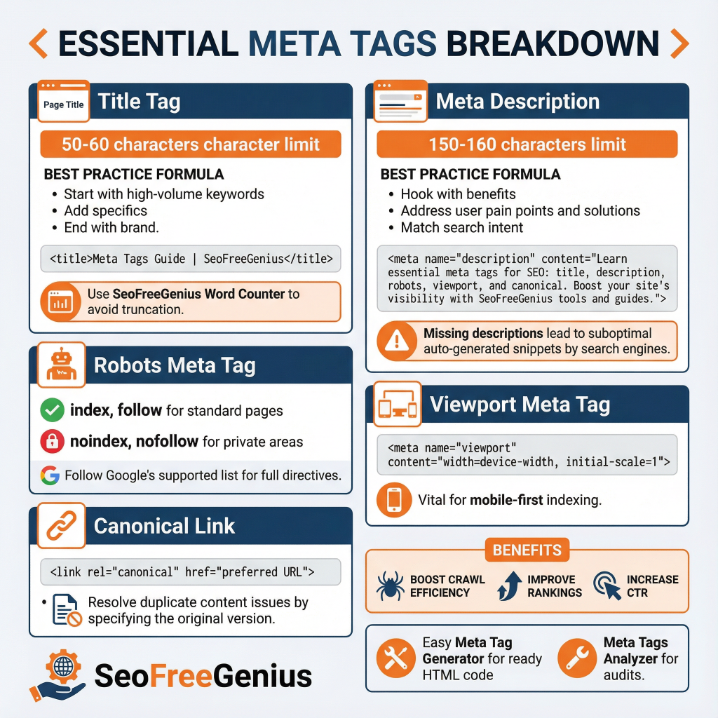  Infographic: Essential Meta Tags Breakdown with title tags (50-60 chars, high‑volume keywords, use SeoFreeGenius Word Counter), meta descriptions (150-160 chars, benefit hooks), robots meta (index/follow vs noindex/nofollow), viewport for mobile, canonical links for duplicates, plus SeoFreeGenius Meta Tag Generator and Analyzer tools.
