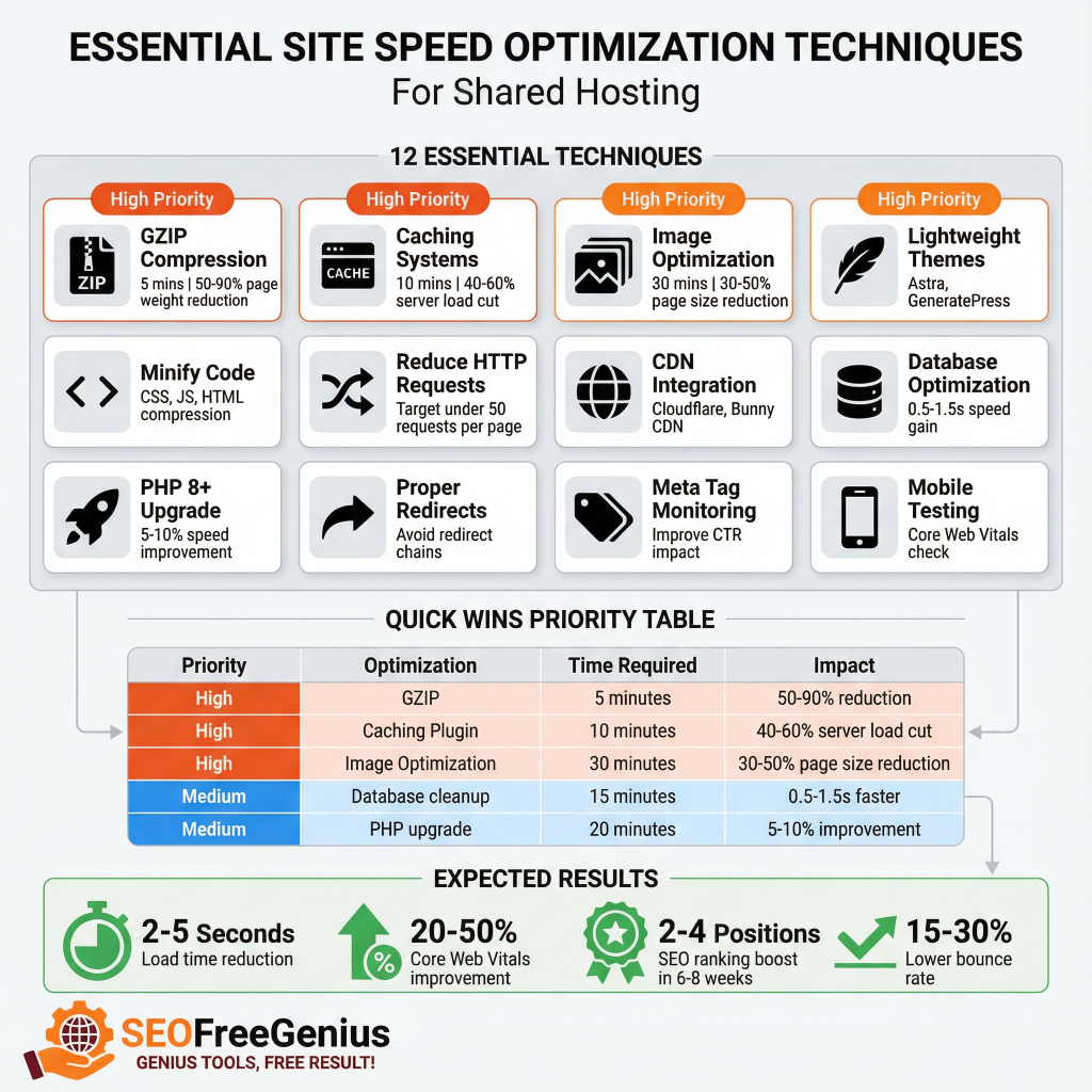 Infographic: 12 essential site speed techniques for shared hosting - High priority: GZIP (50-90%), caching (40-60%), image optimization (30%). Quick wins table shows 2-5s load reduction, 20-50% gains via SEOFreeGenius tools
