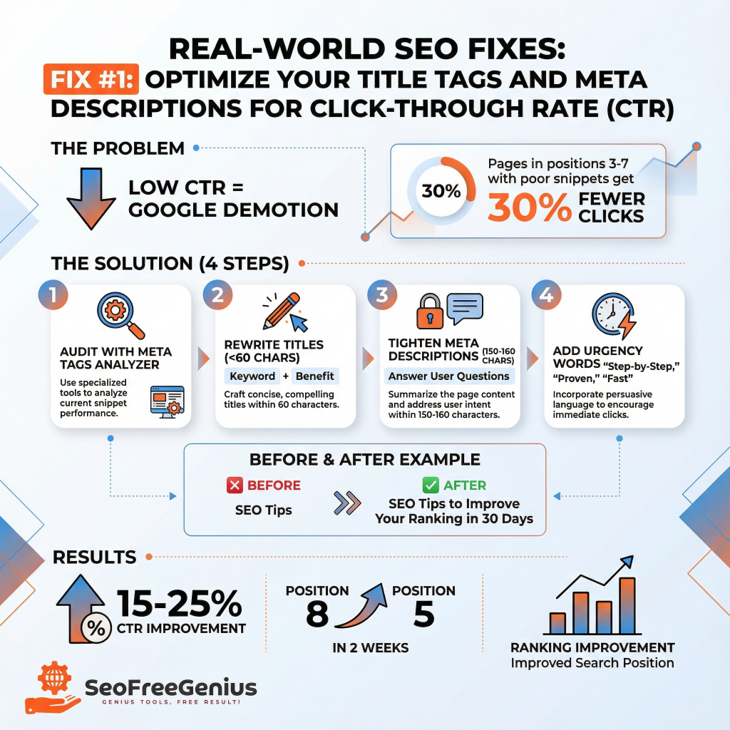  Infographic Fix #1: Real-World SEO - Optimize Title Tags & Meta Descriptions for CTR. Shows low CTR problem (30% fewer clicks), 4-step solution (audit with meta tools, tighten 50-60 chars, add urgency, answer intent), before/after results (15-25% CTR boost, position 8→5 in 2 weeks) using SEOFreeGenius.