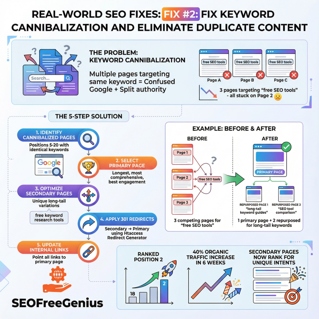 Infographic Fix #2: Real-World SEO Fixes - Fix Keyword Cannibalization & Duplicate Content. Shows problem (multiple pages split authority), 5-step solution (identify with Google Search Console, select primary page, optimize secondary, 301 redirects, relink), before/after (ranked #18→#2, 40% traffic increase in 6 weeks) using SEOFreeGenius free tools.
