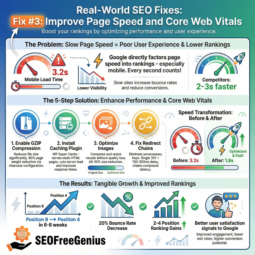 Infographic Fix #3: Real-World SEO Fixes - Improve Page Speed & Core Web Vitals. Shows slow mobile load problem (3.2s vs competitors 2-3s faster), 5-step solution (GZIP, WP cache, image compression, unused CSS, redirect chains), before/after (3.2s→1.6s, position 9→4, 20% bounce decrease in 6-8 weeks) via SEOFreeGenius.