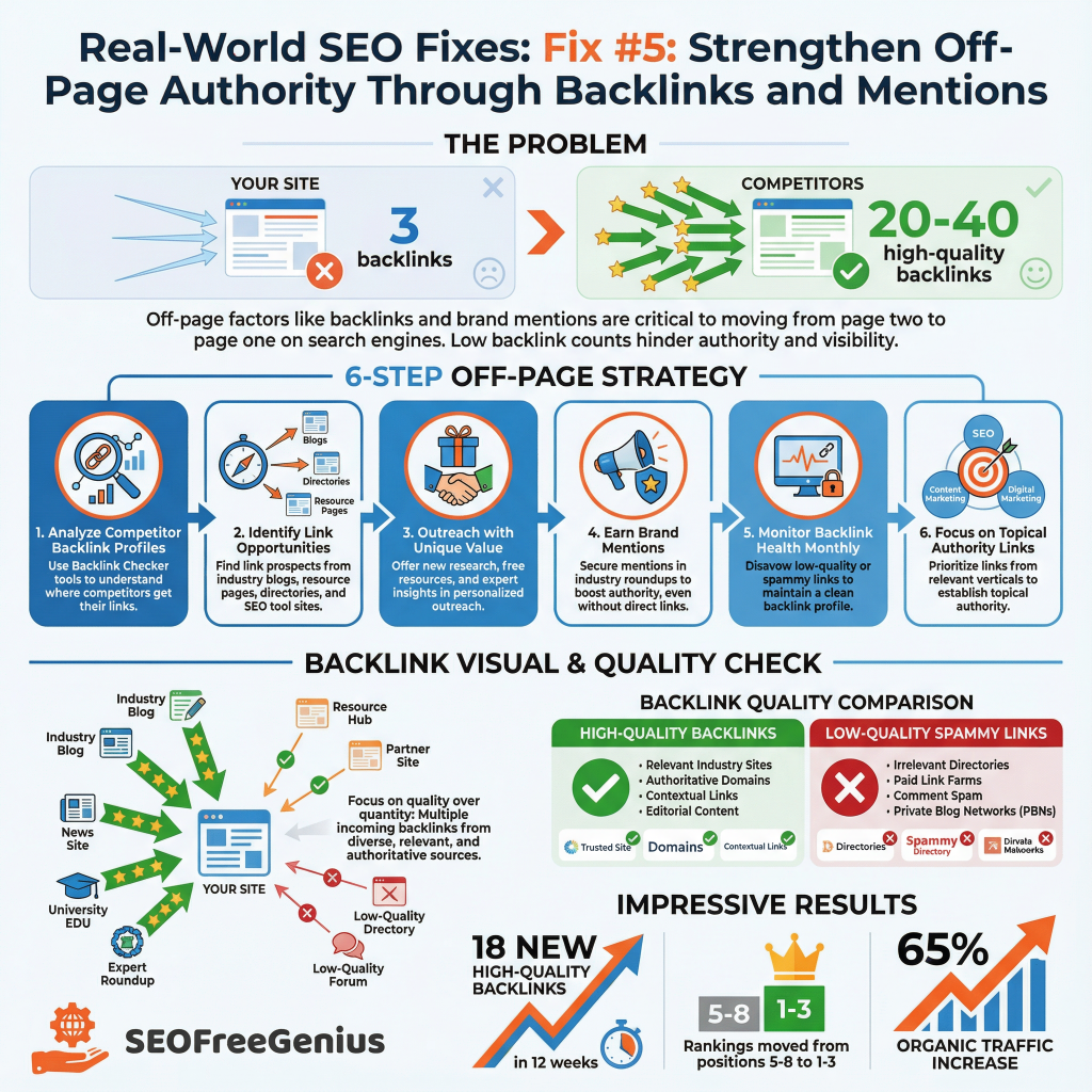 Infographic Fix #5: Real-World SEO Fixes - Strengthen Off-Page Authority Through Backlinks & Mentions. Shows weak backlinks vs competitors (20-40 high-quality), 6-step strategy (analyze competitors, find prospects, outreach, earn mentions, monitor, topical authority), backlink quality visual, results (18 new high-quality backlinks, rankings 5-8→1-3, 65% traffic increase in 12 weeks) with SEOFreeGenius.