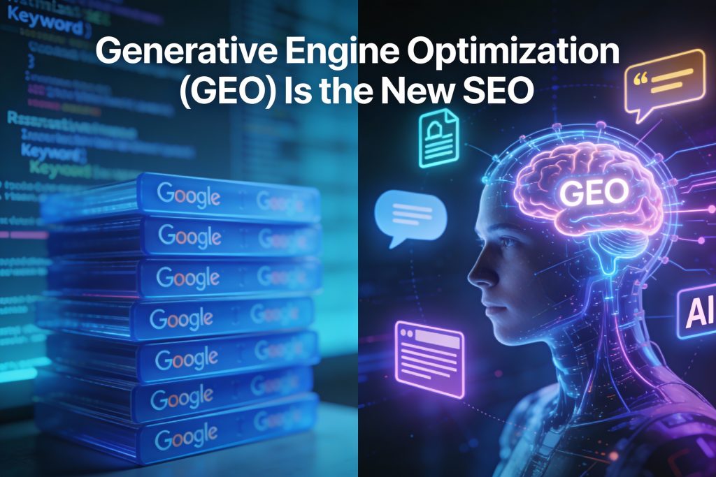 "Futuristic split-screen illustration of Generative Engine Optimization (GEO) vs traditional SEO: Google search links on left, AI brain generating answers on right for 2026"