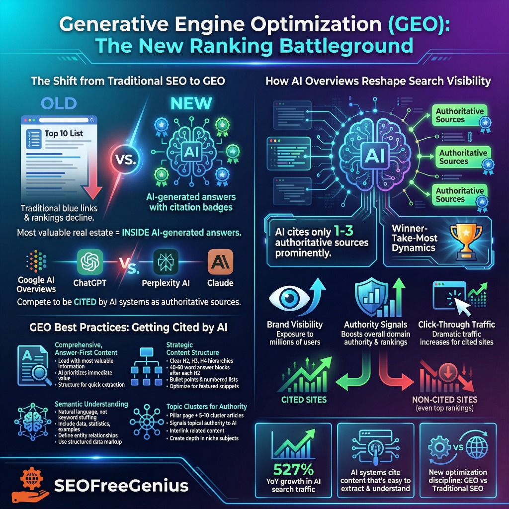 Infographic titled "1. Generative Engine Optimization (GEO): The New Ranking Battlefield" by SEO Free Genius illustrates the shift from traditional SEO to GEO in AI-driven search. It contrasts "Old" top 10 list results (traditional blue links, most valuable real estate inside AI-generated answers) with "New" AI-generated answers citing sources like Google AI, ChatGPT, Perplexity AI. Featured elements include GEO best practices for getting cited by AI (content strategy, brand visibility, authority signals), cited vs non-cited sites (57% brand search impact), AI source visibility, click-through traffic, and win-take-most dynamics in blue gradients.