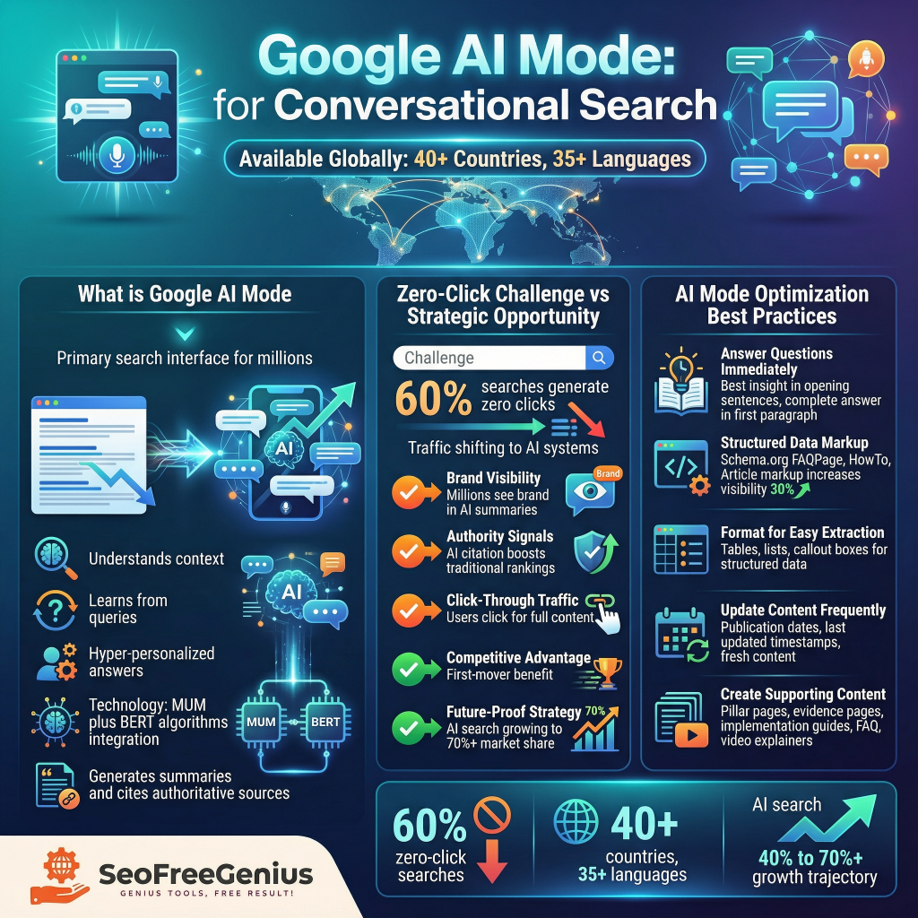 Infographic titled "3. Google AI Mode: Optimizing for Conversational Search" by SEO Free Genius details Google AI Mode as the primary search interface generating 60% zero-click searches, available globally in 40+ countries and 35 languages. Sections cover what AI Mode is (conversational tech from content, personalized learning), strategic opportunities vs challenges (50% traffic shift to systems), and best practices (answer questions, structured data markup, authority signals, click-through traffic, competitive advantage, future-proof strategy). Highlights include 60% zero-clicks, 40+ growth trajectory, visible/easy extraction, structured content frequency, and published content leverage in blue gradient design with icons for chat, globe, graphs.