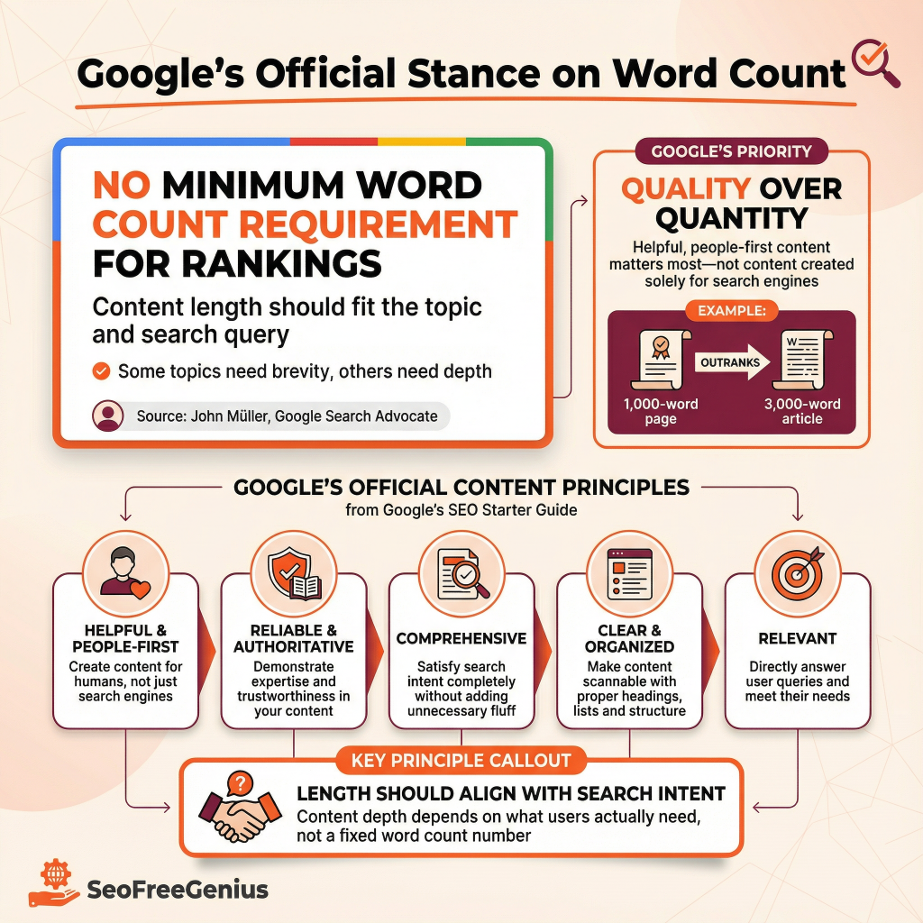 Google's official stance on word count infographic: No minimum word count requirement for rankings - John Müller; Quality over quantity - 1,000-word page can outrank 3,000-word article; 5 Google SEO Starter Guide principles - Helpful, Reliable, Comprehensive, Clear, Relevant; Key takeaway - Length should align with search intent, not exceed user needs; SEOFreeGenius branding.