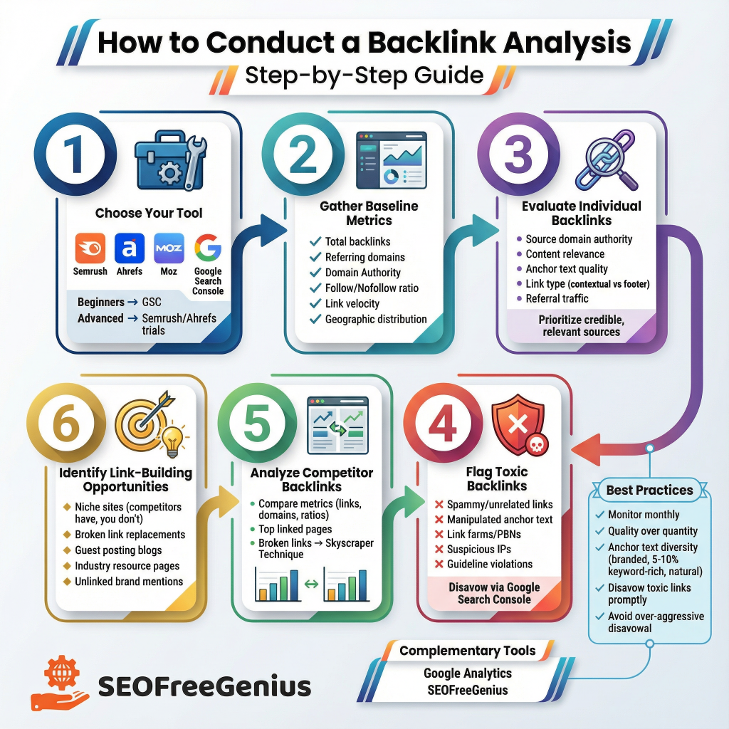  Infographic: "How to Conduct a Backlink Analysis: Step-by-Step Guide" showing 6 steps (Choose Tools, Gather Baseline, Evaluate Links, Flag Toxic Links, Analyze Competitors, Identify Opportunities) with SEOFreeGenius comprehensive tools branding.