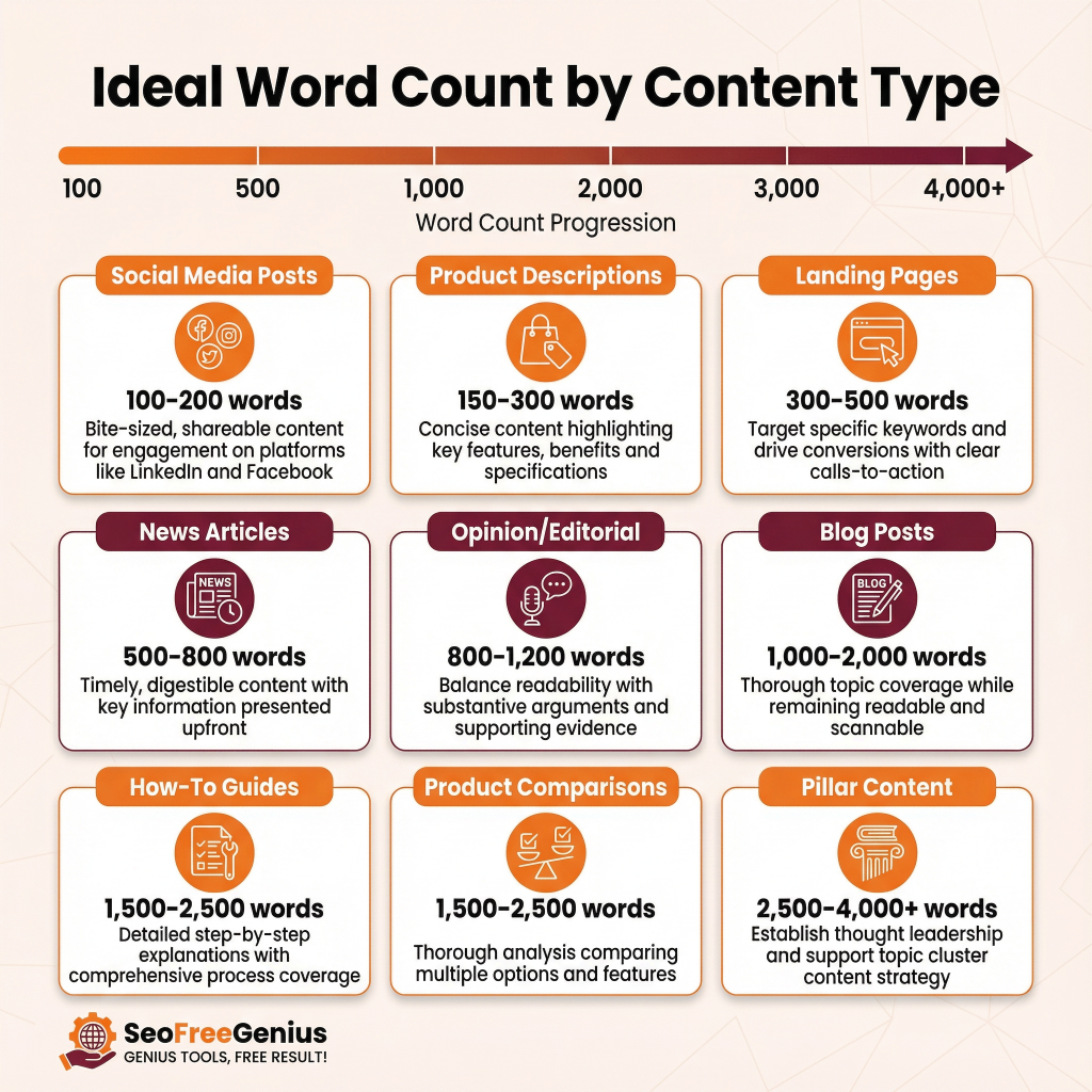 Ideal word count by content type chart: Social media posts 100-200 words, Product descriptions 150-300 words, Landing pages 300-500 words, News articles 500-800 words, Opinion/editorial 800-1,200 words, Blog posts 1,000-2,000 words, How-to guides 1,500-2,500 words, Product comparisons 1,500-2,500 words, Pillar content 2,500-4,000+ words; SEOFreeGenius branding.