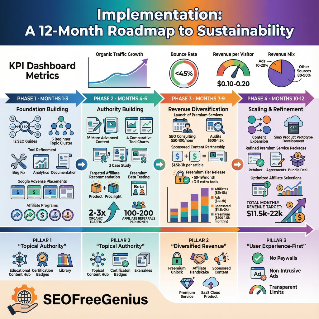 Infographic: Implementation 12-month roadmap to sustainability for monetizing free SEO tools - 4 phases with KPI dashboard, organic growth, revenue targets from $2-3x to $10K-22K by SEOFreeGenius