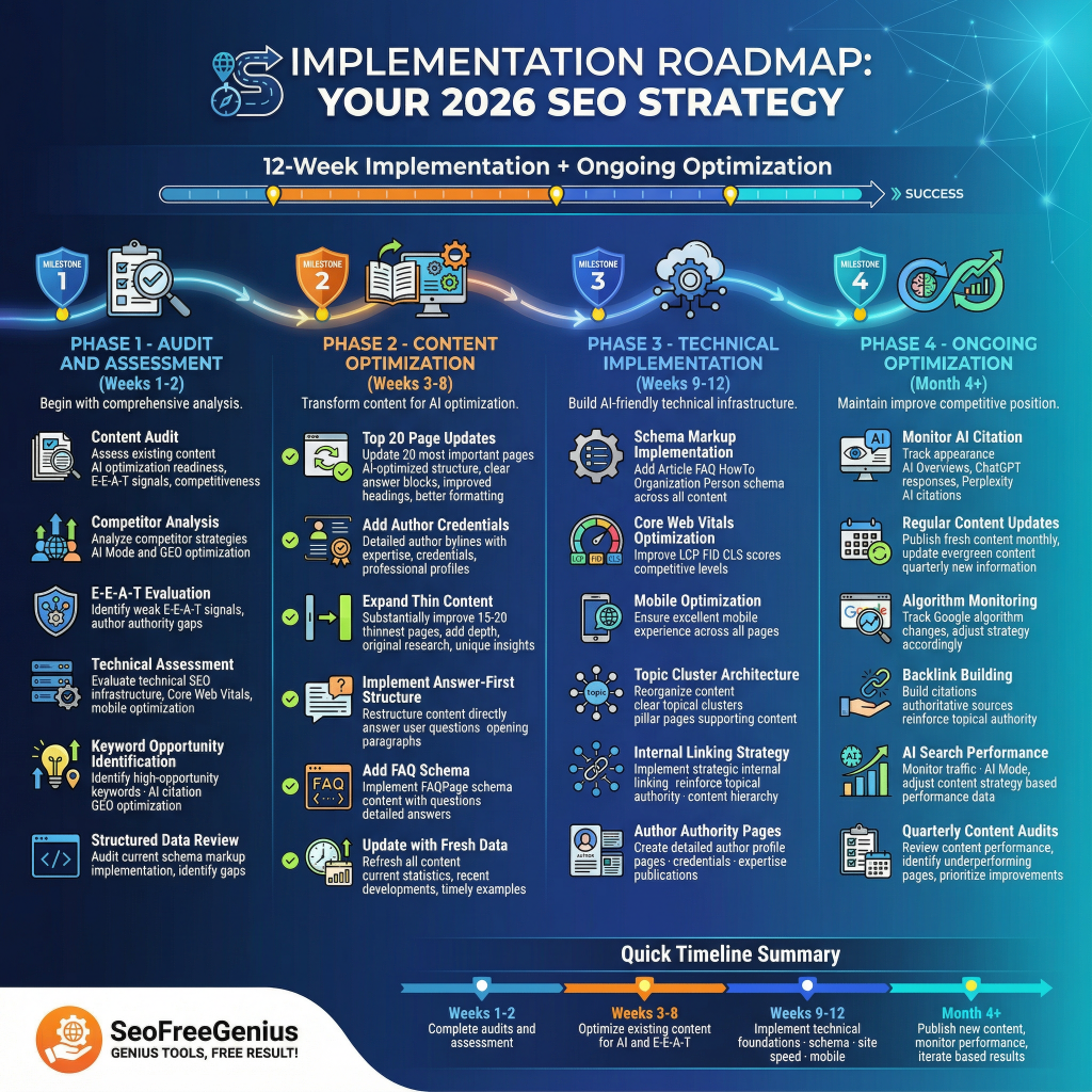 Infographic titled "9. Implementation Roadmap: Your 2026 SEO Strategy" by SEO Free Genius outlines a 12-week implementation plus ongoing optimization path to success in four phases. Phase 1 Audit & Analysis (competitor analysis, E-E-A-T technical audit, SEO tech audit, keyword opportunity review); Phase 2 Content Optimization (transform 20+ pages, add credentials/experts, original answer first, FAQ schema); Phase 3 Technical Implementation (core vitals, mobile indexing, cluster architecture, schema building); Phase 4 Ongoing Optimization (algorithm monitoring, AI audits, performance audits data) with timeline Weeks 1-2 Quick, 3-6 Timeline, 7-12 Quick Wins in blue gradient linear flowchart design featuring shield, book, cloud, and gear icons.​