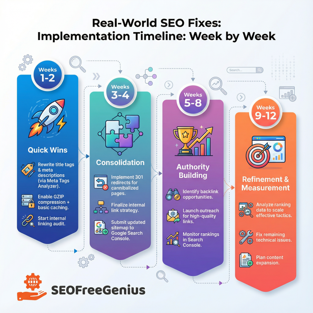 Infographic: Real-World SEO Fixes Implementation Timeline Week by Week. 12-week roadmap: Weeks 1-2 (quick wins: title/meta audits, cache); Weeks 3-4 (consolidation: 301 redirects, internal links); Weeks 5-8 (authority: backlink building, outreach); Weeks 9-12 (refinement: measurement, fix issues) using Google Search Console and SEOFreeGenius free tools.