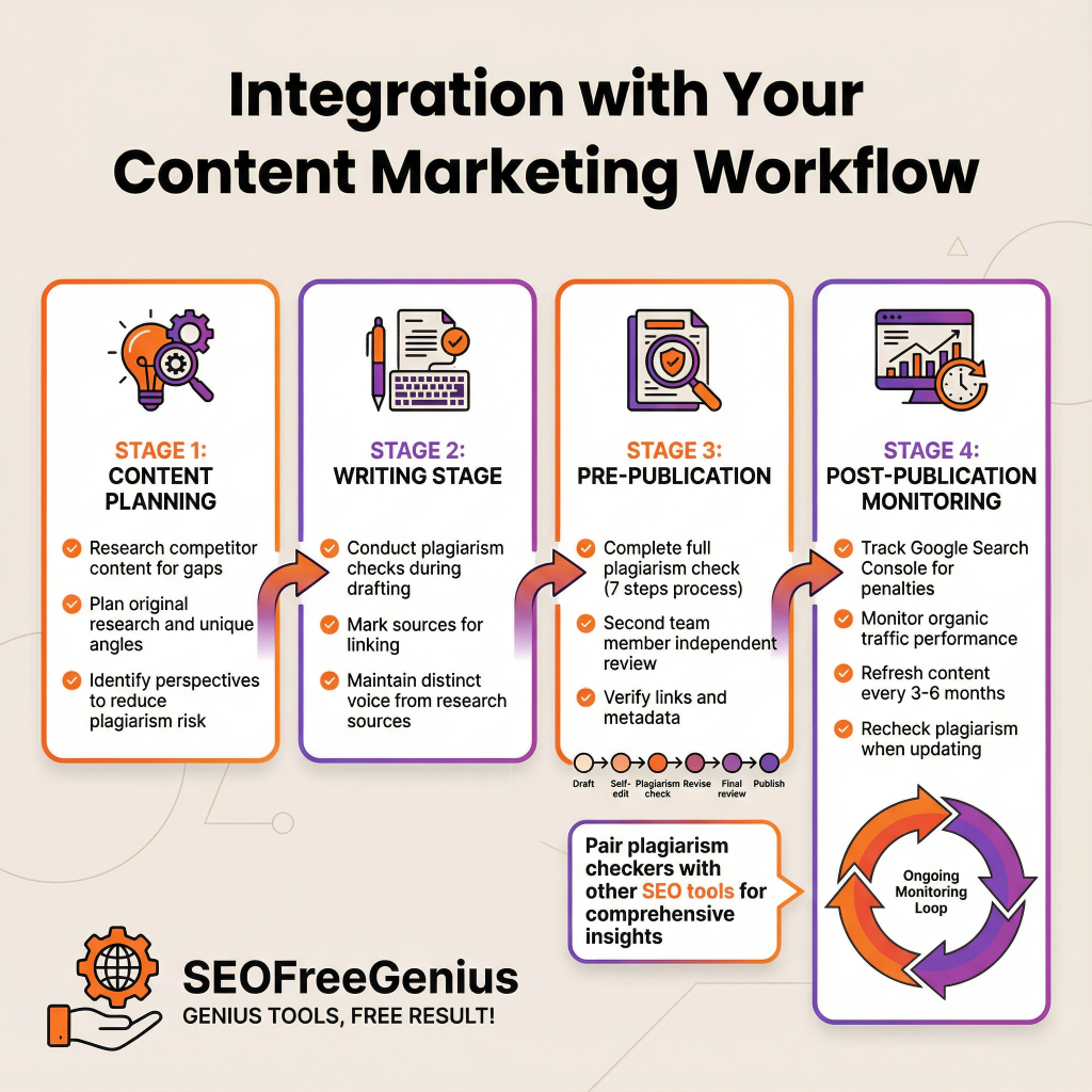Integration with content marketing workflow – 4-stage infographic (planning, writing, pre-publication, post-publication) showing plagiarism checker placement, team reviews, and Google monitoring using SEOFreeGenius tools.