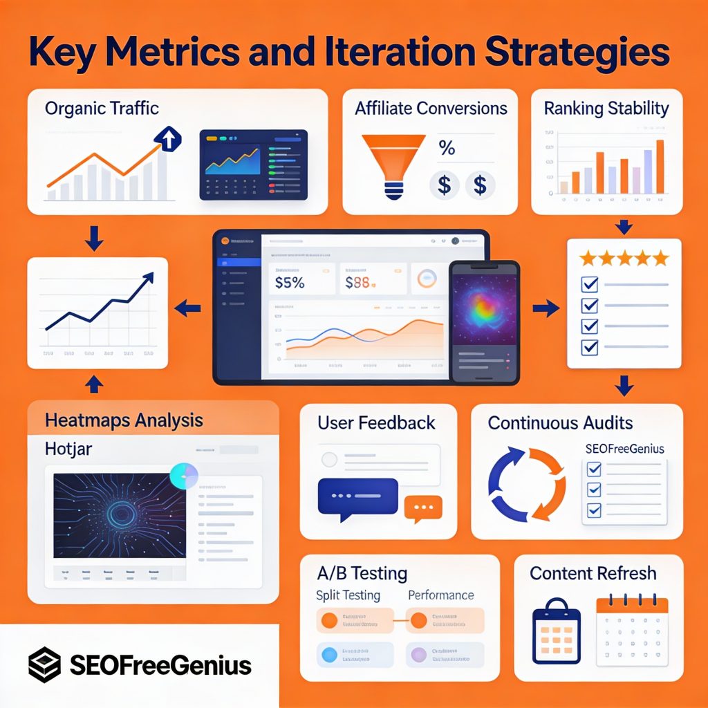 Infographic: Key Metrics and Iteration Strategies for Affiliate SEO. 8 panels: Organic Traffic Growth, Affiliate Conversions, Ranking Stability, Heatmaps (Hotjar), User Feedback, Continuous Audits (SEOFreeGenius), A/B Split Testing, Content Refresh. Dashboard visuals and charts. SEOFreeGenius branding.