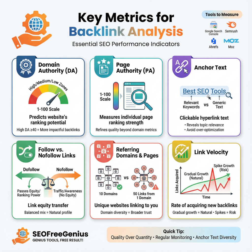  Infographic: "Key Metrics for Backlink Analysis" featuring Domain Authority (DA), Page Authority (PA), Anchor Text, Follow vs Nofollow links, Referring Domains/Pages, Link Velocity, with Ahrefs, Moz, SEMrush tools and SEOFreeGenius branding.