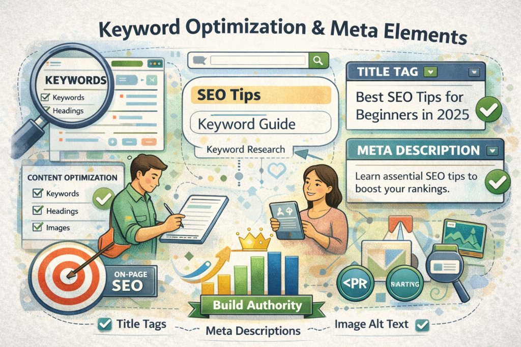 Keyword optimization and meta elements infographic for SEO Priorities 2025 14% weight showing keyword research, title tags, meta descriptions, SEO guide, best tips for 2025, image alt text icons