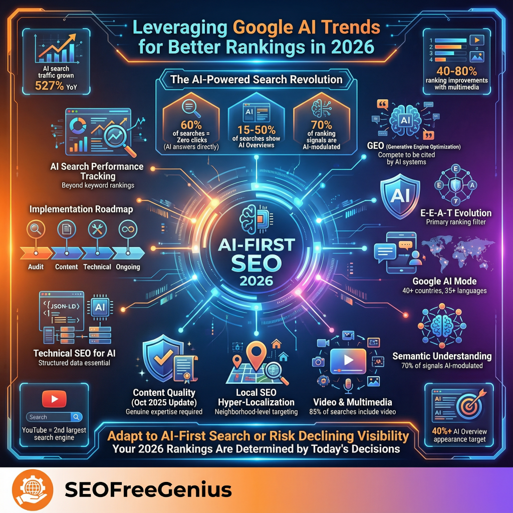 A vibrant infographic titled "Leveraging Google AI Trends for Better Rankings in 2026" by SEO Free Genius depicts the AI-powered search revolution with a central "AI-First SEO 2026" hub. It highlights key statistics such as 57% AI search performance, 40-80% GEO systems impact, 15-50% zero-click searches, and 40% risk of declining search visibility, alongside elements like implementation roadmaps, content quality audits, technical SEO for AI, local SEO, YouTube optimization, semantic understanding, E-E-A-T, Google AI modes, and video/multimedia at 70%. The design uses orange and blue gradients, graphs, icons for AI, search, maps, and videos, ending with "Your 2026 Rankings Are Determined By Today's Decisions."