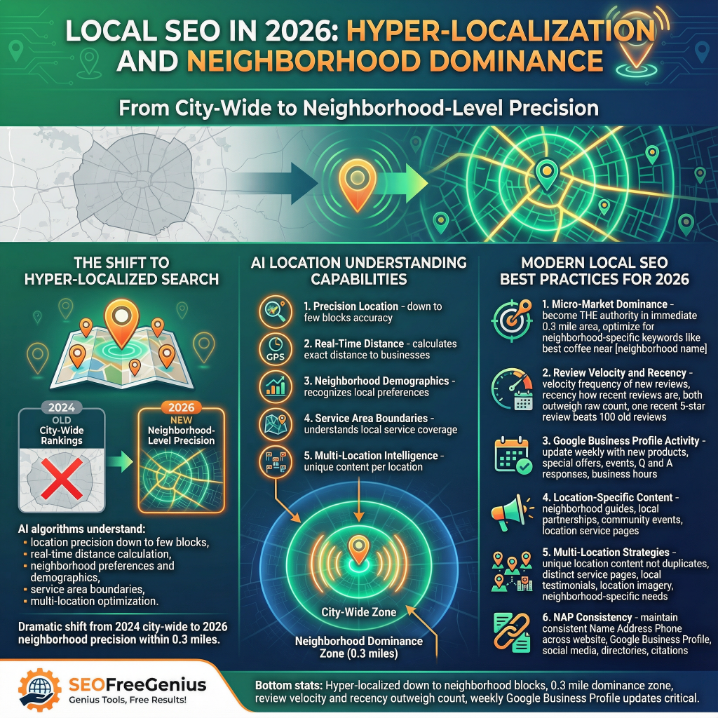 Infographic titled "6. Local SEO in 2026: Hyper-Localization and Neighborhood Dominance" by SEO Free Genius shows the shift from city-wide to neighborhood-level precision in local search. It contrasts 2024 city-wide issues (vague time/distance, broad service boundaries) with 2026 hyper-localized search (neighborhood blocks), featuring AI location understanding (1. capacity-location accuracy, 2. real-time calculations, 3. service area demographics, 4. multi-location intelligence, 5. hyper-local signals) and modern local SEO best practices (1. best market dominance, 2. review sentiment analysis, 3. Google reviews with AI, 4. location pages, 5. multi-location strategies, 6. NAP consistency, bottom funnel hyper-local to neighborhood blocks 0.3mi dominance) in green-blue design with maps and pin icons.