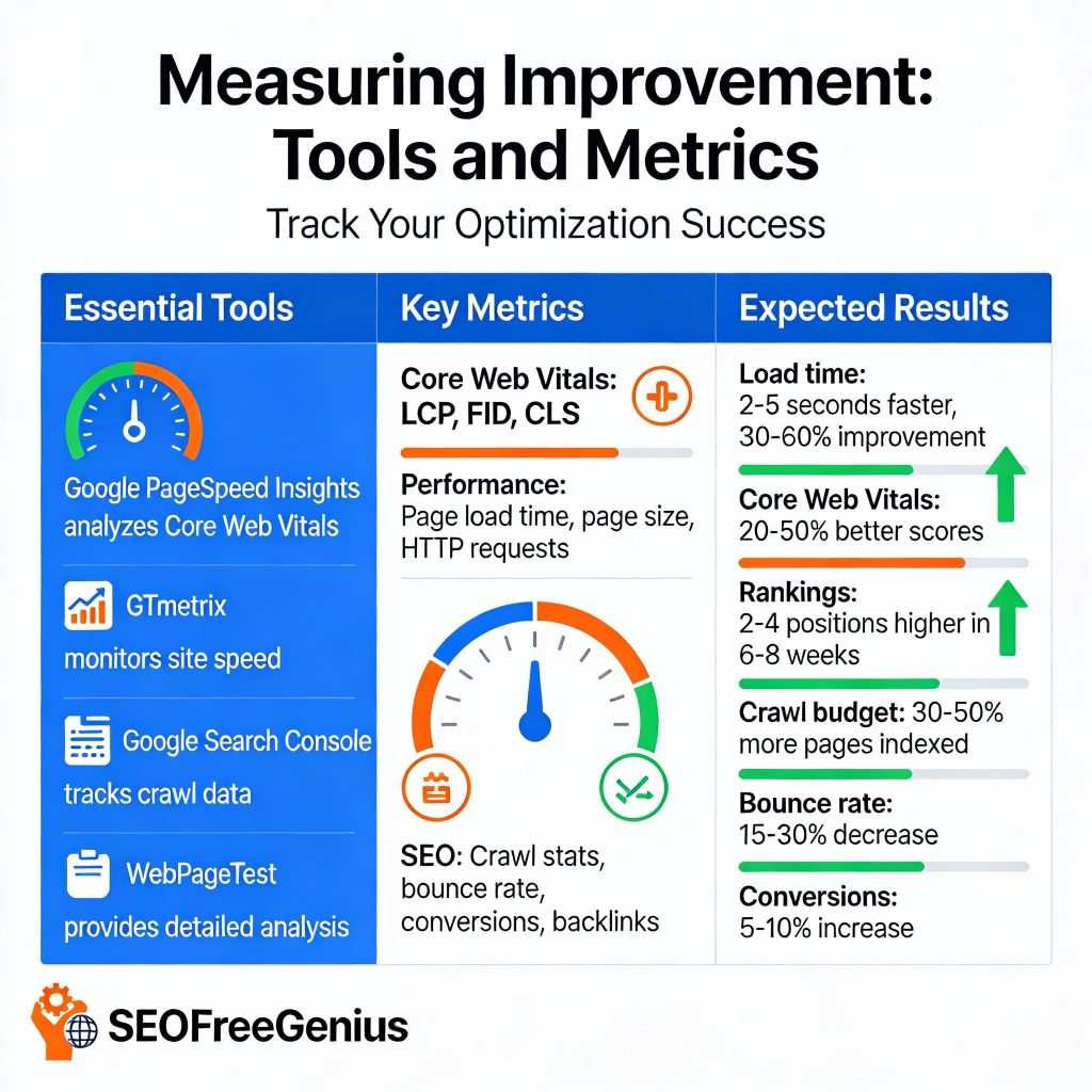 Infographic measuring site speed improvements: Tools (Google PageSpeed Insights, GTmetrix, Search Console) track Core Web Vitals (LCP, FID, CLS), page load, HTTP requests. Expected: 2-5s faster, 30-60% better scores via SEOFreeGenius