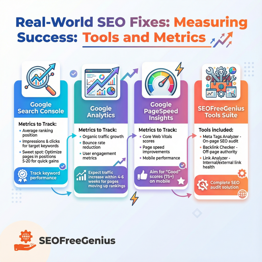  Infographic: Real-World SEO Fixes - Measuring Success with Tools & Metrics. 4 key tools: Google Search Console (track impressions/clicks, 5-20% spot gains); Google Analytics (bounce rate, user engagement, 4-6 week traffic growth); PageSpeed Insights (Core Web Vitals, mobile 90+ scores); SEOFreeGenius (Meta Tag/Link Analyzer, on-page health, complete SEO audits).