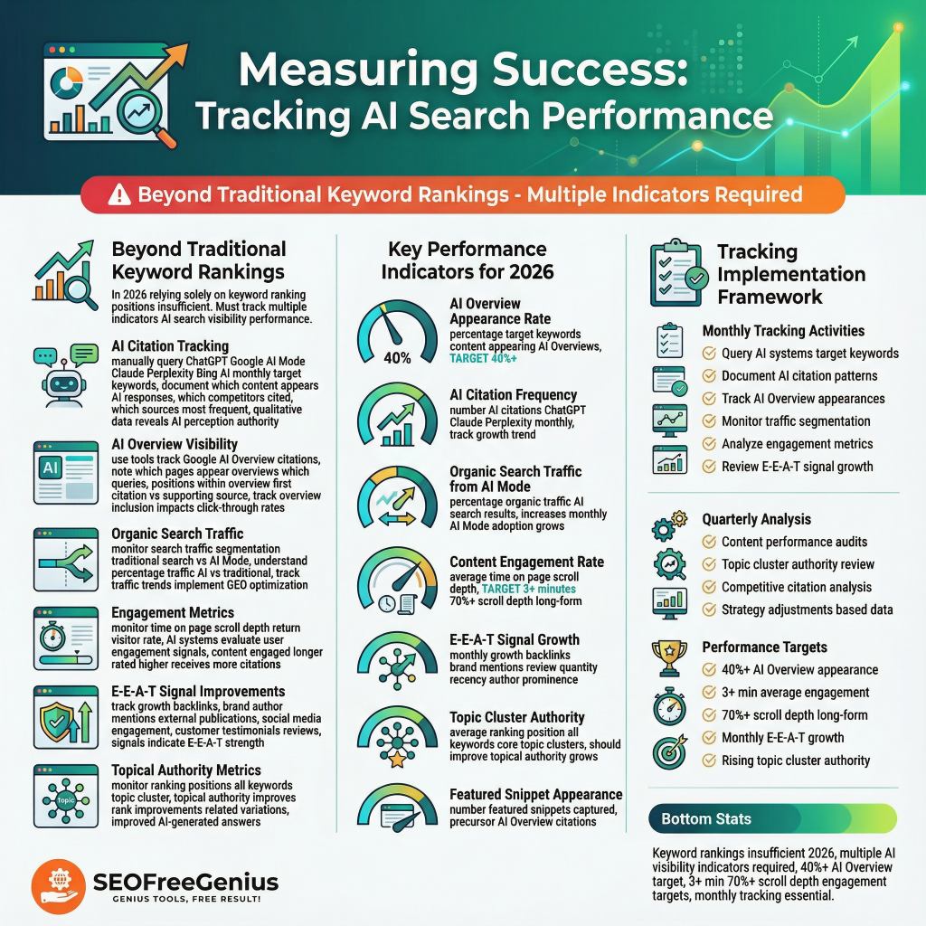 Infographic titled "10. Measuring Success: Tracking AI Search Performance" by SEO Free Genius warns beyond traditional keyword rankings, requiring multiple indicators. Key performance indicators overview for 2026 include AI citations tracking (40% citations frequency), organic traffic from AI modes, content engagement rate, E-E-A-T growth; tracking framework covers document AI citations, monitor engagement metrics, quarterly AI audits, competitive citation analysis, performance-based adjustments, topic cluster authority; traditional signals (bottom rankings 50%+ multi-modal targets, monthly targets) in teal design with graphs, checklists, and warning triangle.
