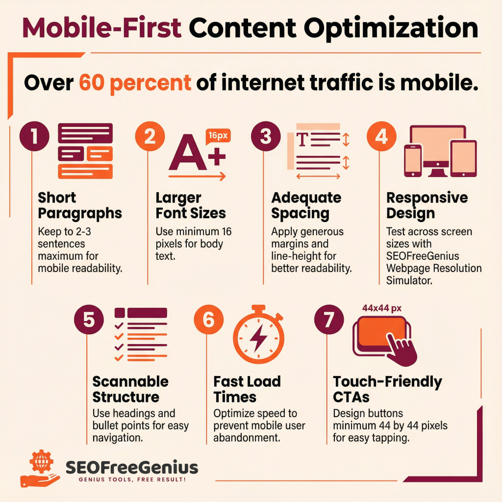 Mobile-first content optimization infographic: 60%+ internet traffic is mobile; 7 best practices - 1. Short paragraphs (2-3 sentences), 2. Large font sizes (16px+ body text), 3. Adequate spacing/line-height, 4. Responsive design (test with SEOFreeGenius Resolution Simulator), 5. Scannable structure, 6. Fast load times, 7. Touch-friendly CTAs (44x44px buttons).