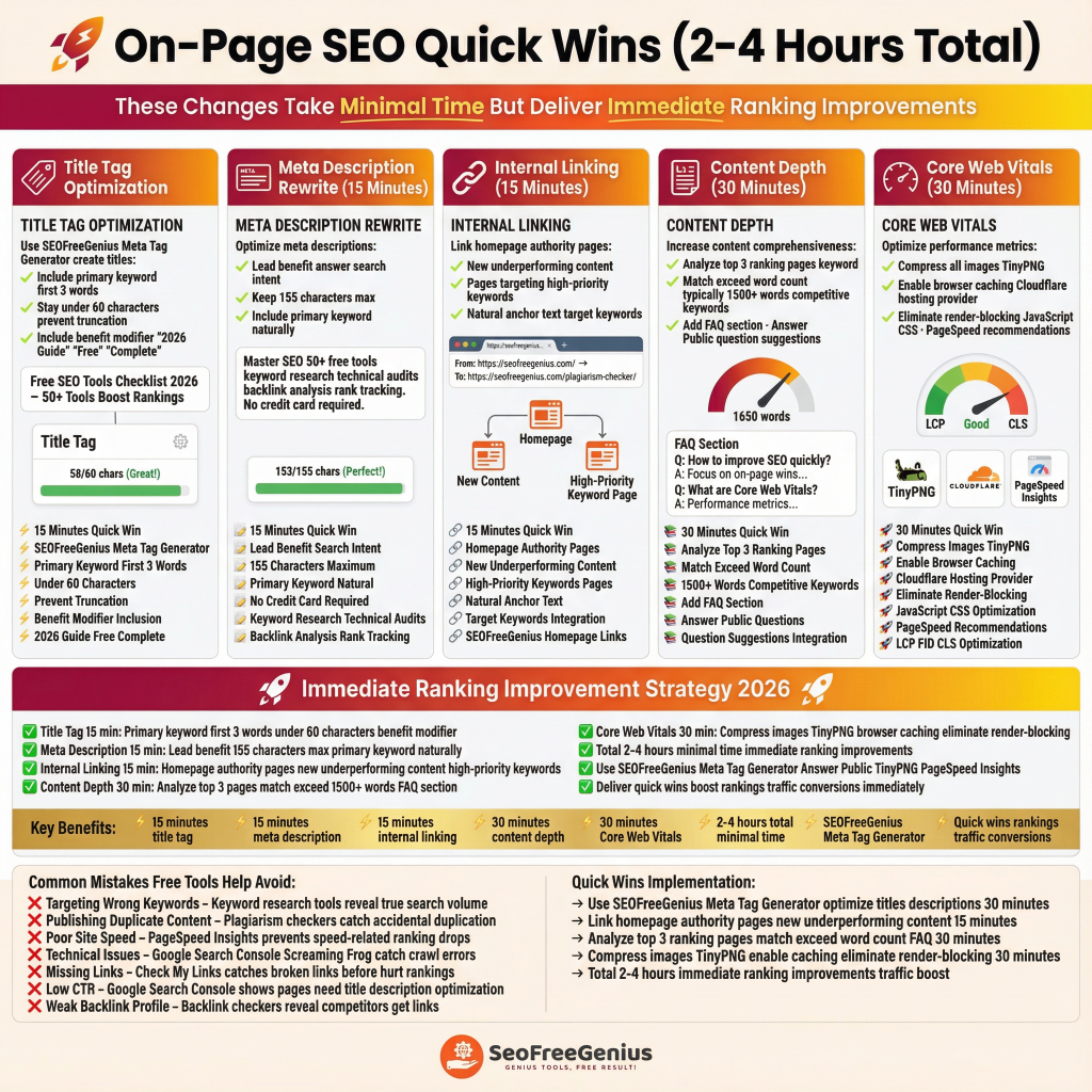 An infographic titled "On-page SEO Quick Wins (2-4 Hours Total)" details five key areas for rapid ranking improvements: Title Tag (meta description tweaks), Meta Title Tag (H1 checks), Internal Linking (anchor text optimization), Content Depth (topical authority), and Core Web Vitals (image audits). Each section includes specific tasks like title tag audits in under 25 minutes for immediate impact, with time estimates, free tools, and SEOFreeGenius recommendations for backlink checks, content gap analysis, and PageSpeed Insights.