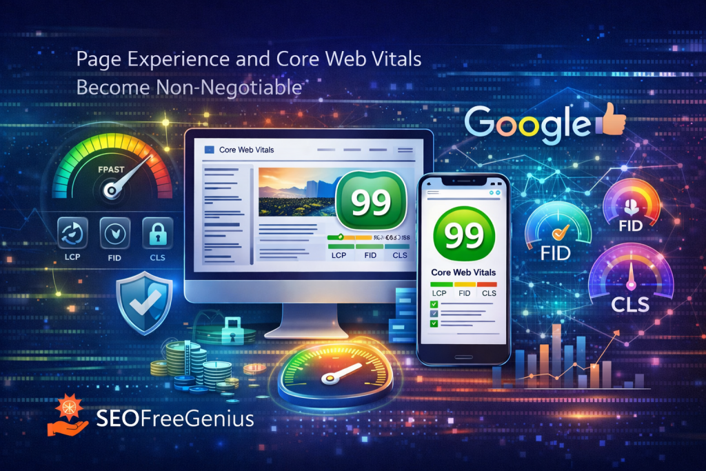 Infographic showing Page Experience and Core Web Vitals as non-negotiable SEO factors: LCP, FID, CLS metrics dashboard with Google mobile speed scores for 2027