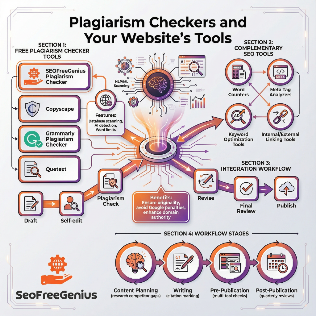 Plagiarism checkers and your website's SEO tools – infographic showing SEOFreeGenius free checker integration with Copyscape, Grammarly, word counter, meta tag analyzer in complete content workflow stages.