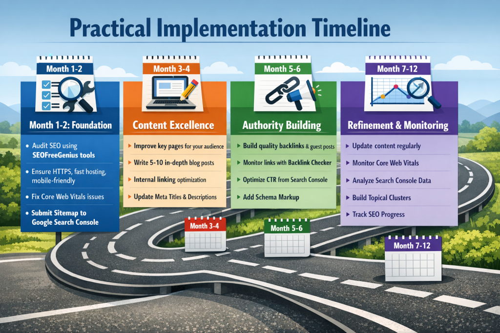 Practical Implementation Timeline roadmap for SEO Priorities 2025 showing Month 1-2 foundation audit, Month 3-4 content excellence, Month 5-6 authority building, Month 7-12 refinement monitoring phases