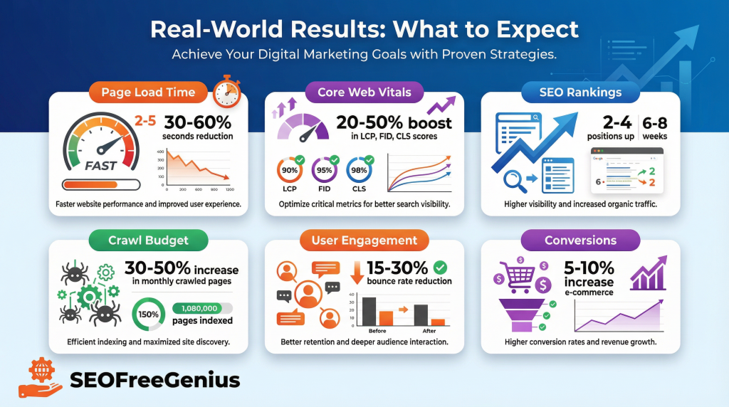 Real-world results infographic: Shared hosting speed optimization delivers 3-6s faster page loads, 20-50% Core Web Vitals improvement (LCP/FID/CLS), 2-6 ranking positions gained, 30% crawl budget increase, 15% bounce reduction via SEOFreeGenius