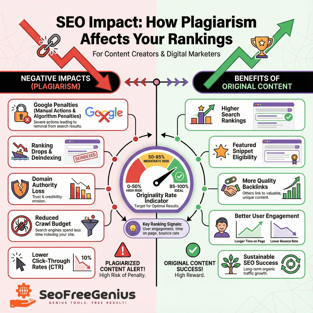 SEO impact of plagiarism on rankings – infographic contrasting negative effects (Google penalties, ranking drops, crawl budget loss) vs benefits of original content (85-100% originality, featured snippets) from SEOFreeGenius.