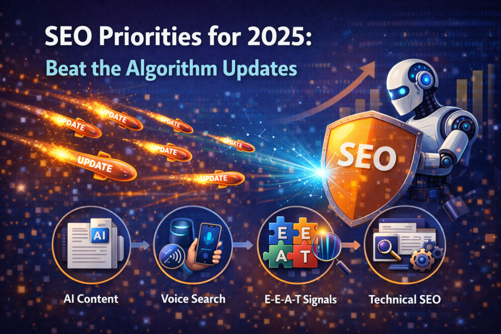 SEO Priorities for 2025: Beat the Algorithm Updates featured image showing robot defeating Google updates with AI content, voice search, E-E-A-T, and technical SEO icons