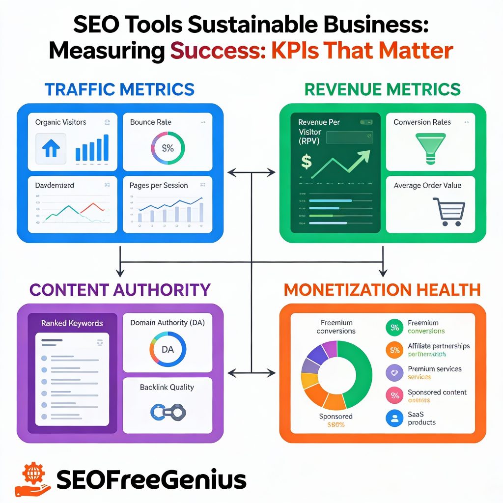 Infographic: Measuring success KPIs for sustainable SEO tools business - traffic metrics (organic visitors, bounce), revenue per visitor, content authority (DA, backlinks), monetization health by SEOFreeGenius