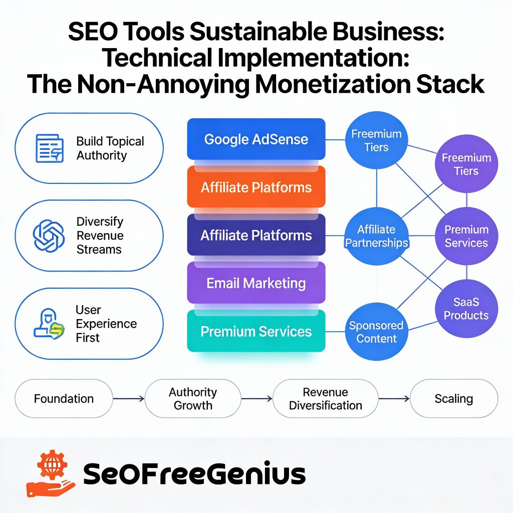 Infographic: SEO tools sustainable business technical implementation - non-annoying monetization stack with topical authority, Google Adsense affiliates, freemium tiers, SaaS by SEOFreeGenius