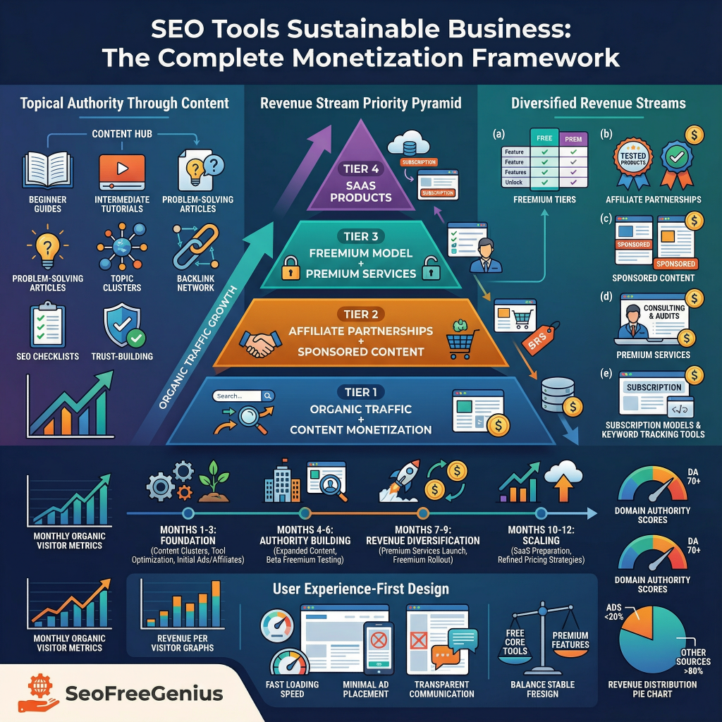 Infographic: Free SEO tools sustainable business complete monetization framework - tiered model with topical content hub, premium tiers, SaaS, affiliate partnerships, 12-month roadmap by SEOFreeGenius