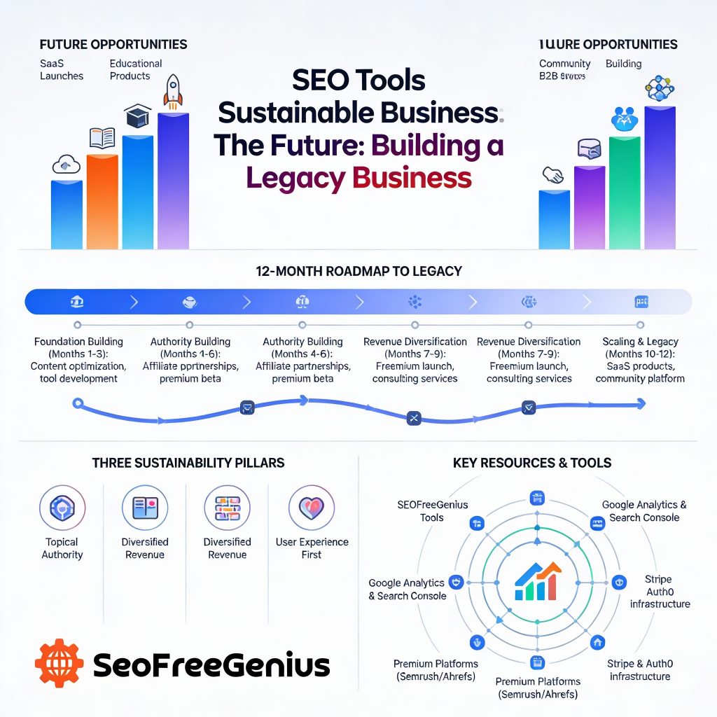 Infographic: Future opportunities for SEO tools sustainable business - SaaS/education launches, 12-month legacy roadmap across three pillars, SEOFreeGenius resources (Google Analytics, Semrush, Stripe)