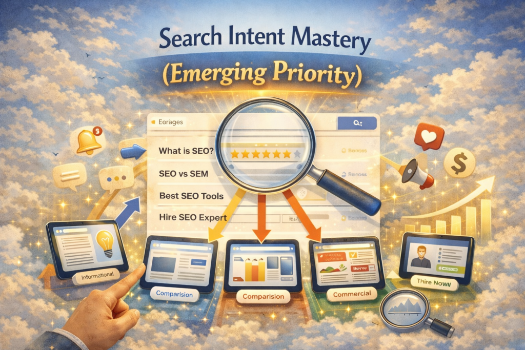 Search Intent Mastery emerging priority infographic for SEO Priorities 2025 showing hand pointing to search query types on devices with What is SEO, Best SEO Tools, Hire SEO Expert