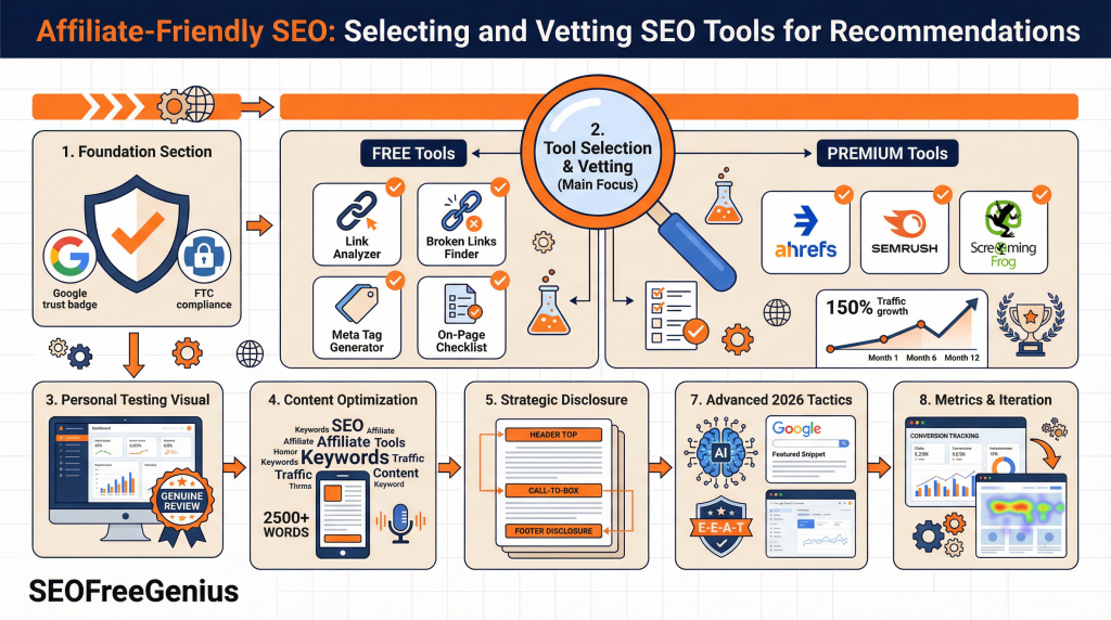 Infographic: Affiliate-Friendly SEO - Selecting and Vetting SEO Tools for Recommendations. 8-step flowchart: Foundation, Free Tools (Link Analyzer, Broken Links Finder, Meta Tag), Premium (Ahrefs, SEMrush), Testing Screenshots, Content Optimization, Disclosure, 2026 Tactics, Metrics. SEOFreeGenius branding.