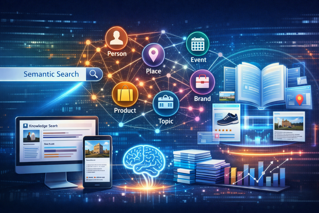 Knowledge graph illustration of semantic search and entity-based SEO optimization: interconnected entities (person, place, product, event) powering 2027 rankings