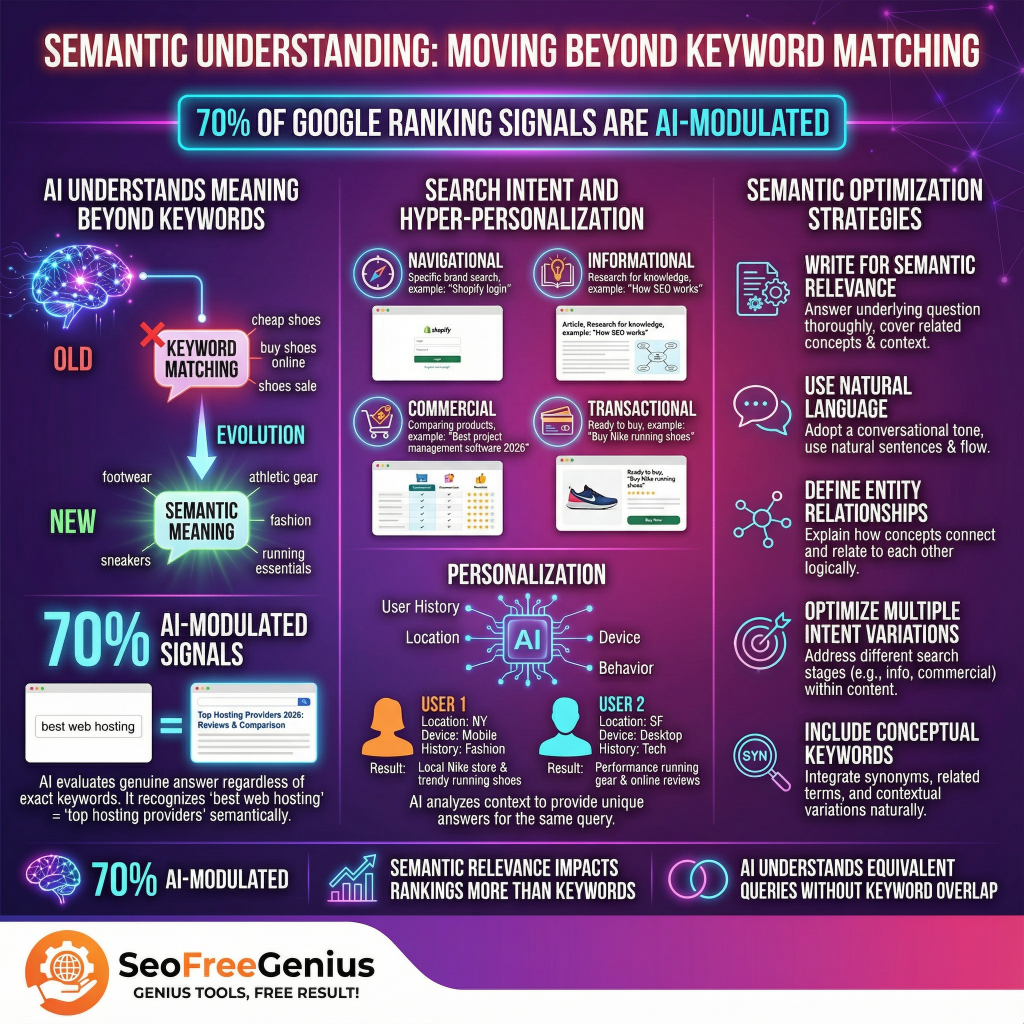 Infographic titled "4. Semantic Understanding: Moving beyond Keyword Matching" by SEO Free Genius highlights that 70% of Google ranking signals are AI-modulated, with AI understanding meaning beyond keywords including search intent and hyper-personalization. It contrasts old keyword matching evolution with new semantic meaning, covering navigational, informational, commercial, transactional intents; semantic optimization strategies like writing for semantic relevance (natural language, define entity flow, topic clusters); 70% AI-modulated signals impact via user personalization (location, device, history), user graph, behavioral analysis, contextual signals. Emphasizes AI understands equivalents without keyword overlap more than keywords in vibrant purple and blue design with graphs and icons.