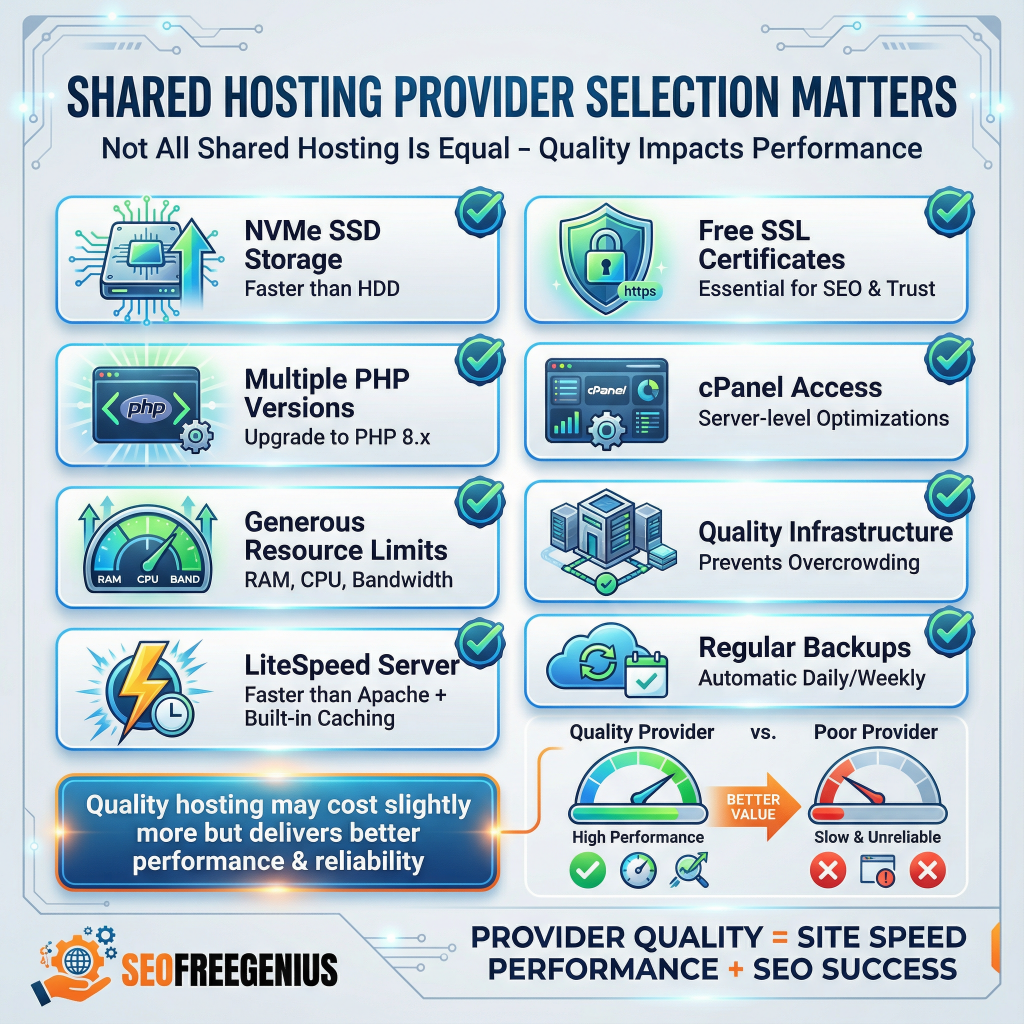 Infographic comparing quality shared hosting providers: NVMe SSD vs HDD, PHP 8 upgrades, LiteSpeed, free SSL, cPanel, resource limits, auto backups. Quality = high performance vs poor provider slowness. SEOFreeGenius equation