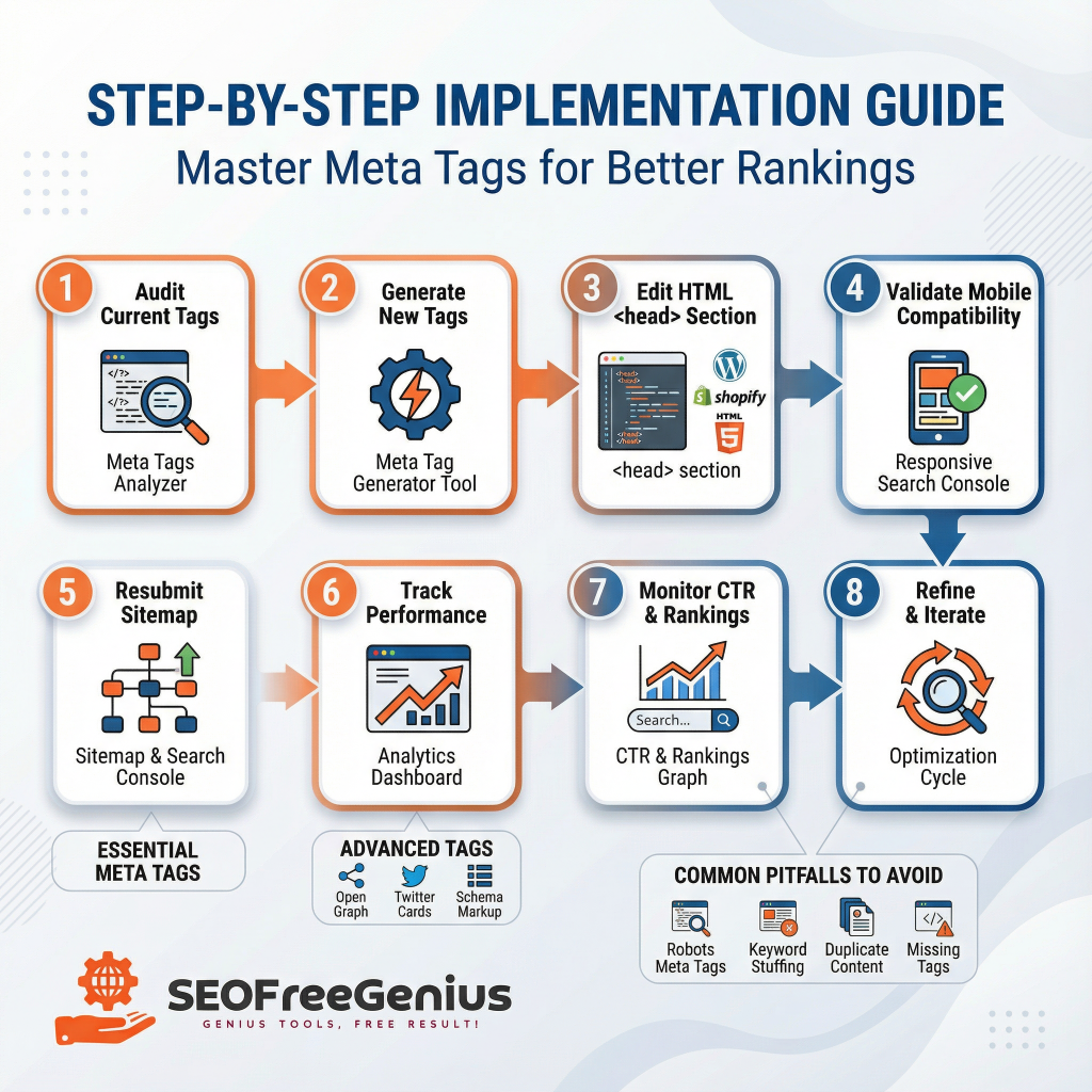Infographic: Step‑by‑Step Meta Tags Implementation Guide. 1. Audit current tags (Meta Tags Analyzer). 2. Generate new tags (Meta Tag Generator). 3. Edit <head> HTML (WordPress/Shopify). 4. Validate mobile (Search Console). 5. Resubmit sitemap. 6. Track performance. 7. Monitor CTR/rankings. 8. Refine. Avoid pitfalls: robots stuffing, keyword duplicates, missing tags. Powered by SeoFreeGenius.
