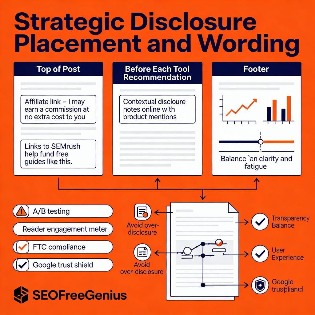 Infographic: Strategic Disclosure Placement and Wording in Affiliate SEO. Three main sections: Top of Post ("Affiliate link - I may earn..."), Before Each Tool (Contextual disclosure), Footer (Policy link). Includes A/B Testing, Avoid Over/Under-Disclosure, Google Trust benefits. Examples with SEMrush. SEOFreeGenius branding