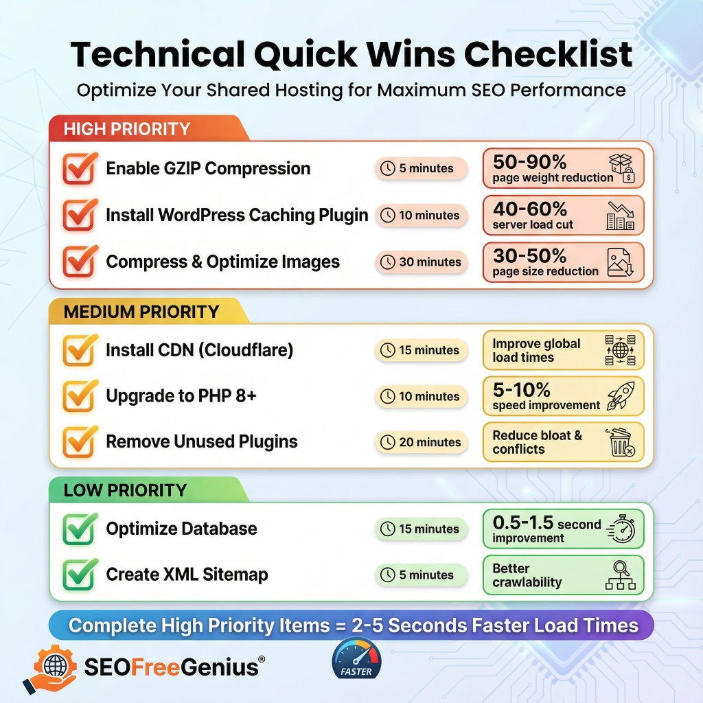 Shared hosting quick wins checklist: High priority - Enable GZIP (5 min, 50-90% reduction), WP caching plugin (10 min, 40-60%), image compression (30 min, 30-50%). Complete high priority = 2-5s faster load times via SEOFreeGenius