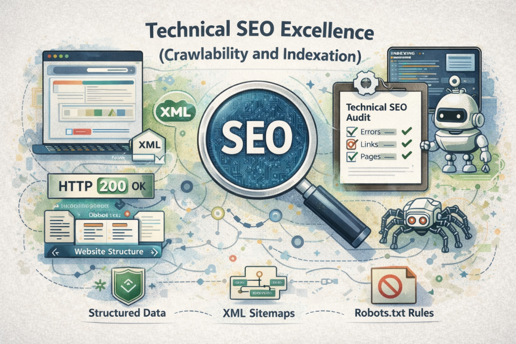 Technical SEO excellence crawlablity and indexation infographic for SEO Priorities 2025 showing XML sitemaps, robots.txt rules, SEO audit, HTTP 200 OK, structured data, website structure icons