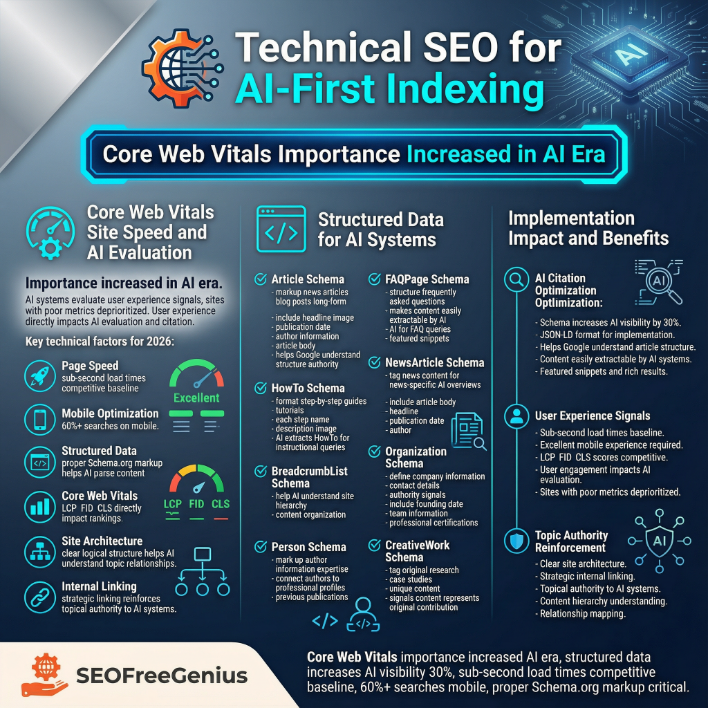 Infographic titled "8. Technical SEO for AI-First Indexing" by SEO Free Genius stresses core web vitals importance increased in AI era (30% second-tier links competitive baseline, 60%+ mobile proper schema markup critical). Sections cover Core Web Vitals for AI site speed/evaluation (key pages 2026, mobile-first indexing, structured data logging, LCP CWV); structured data for AI systems (article schema, FAQ schema, news schema, how-to guides); implementation benefits (optimization, JSON-LD exportable 100%, user experience signals, LCP <2s times AI, site architecture, clean URLs, internal linking, relationship mapping) in blue-tech design with graphs and code icons.